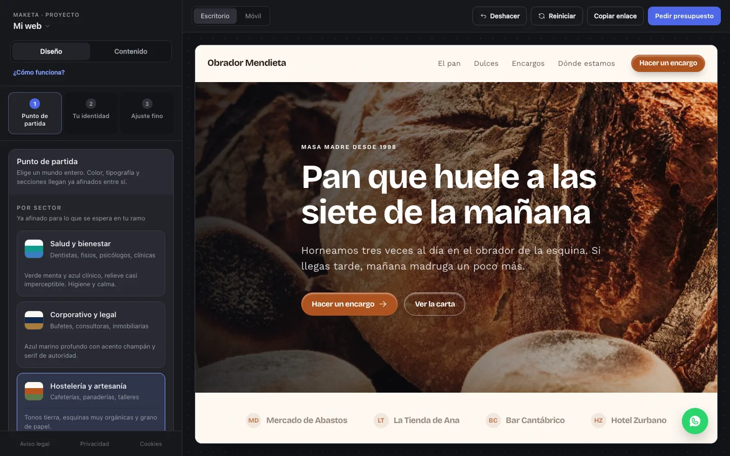 El configurador de Maketa: a la izquierda, el panel con los puntos de partida por sector; a la derecha, la web de un obrador tal cual quedará.